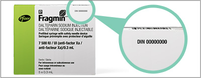Front panel of FRAGMIN pre-filled syringe box with DIN on top right corner