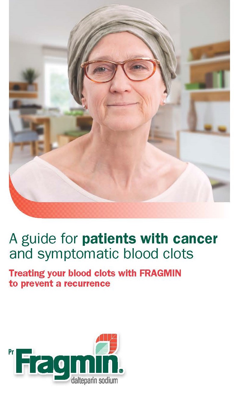 Front cover of booklet titled A guide for patients with cancer and symptomatic blood clots