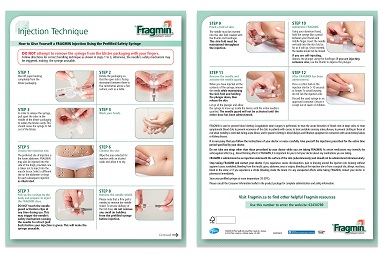 Preview of front and back of prefilled syringe injection instructions showing visual and written instructions