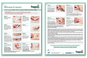 Aperçu de la couverture et du dos des directives d’injection de Fragmin à l’aide de la seringue préremplie, montrant des images et des directives écrites